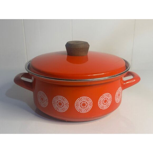 VTG Epicure Enamelware Stock Pot - 6" Orange w/ Wooden Knob Lid Retro MCM - Picture 1 of 7